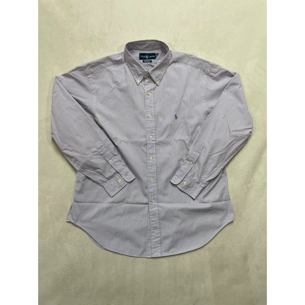 Ralph Lauren Classic Fit Mens Striped Button Down Shirt Purple Navy White 17.5
